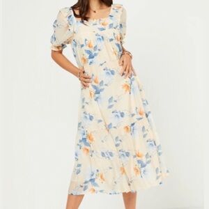 Watercolor Floral Square Neck Dress With Ruffled Shoulders